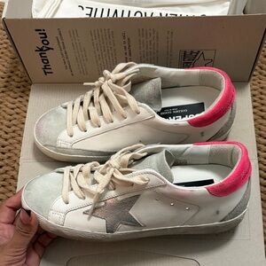 Golden Goose Women's White and Silver Sneakers with Pink Accents